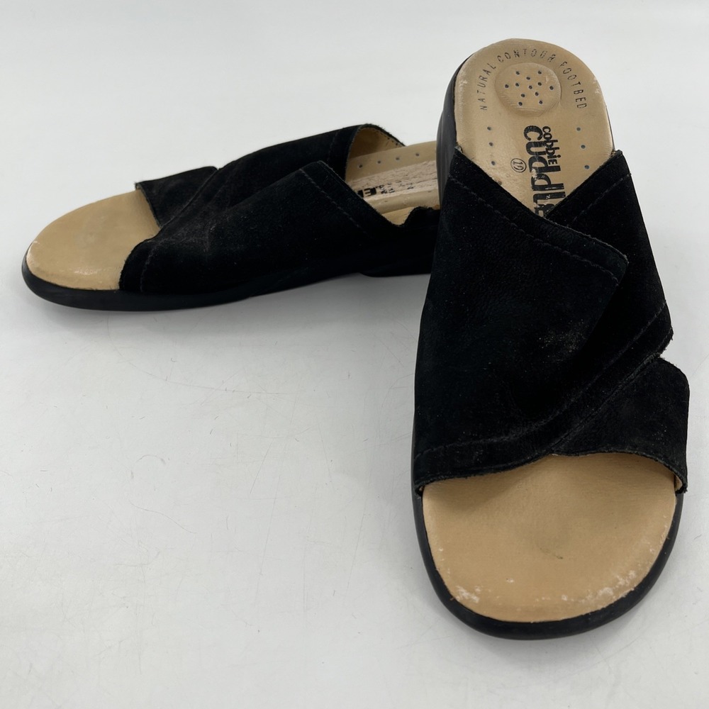 Cobbie Cuddlers Leather Sandals Slides Womens 10 Black Natural Contour Footbed